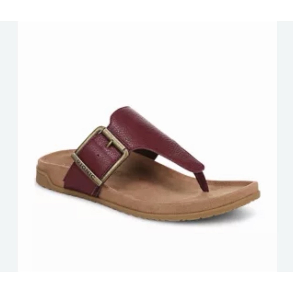 Vionic Emma Cherry Maroon Sz 9 Thong Slip On Sandals Brass Buckle Leather NEW